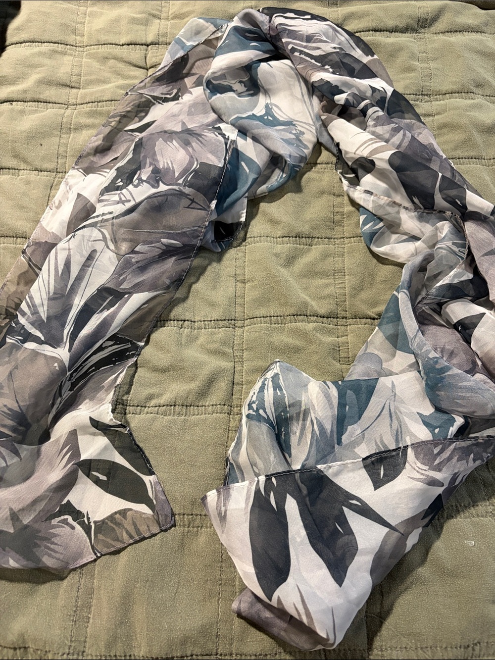 Sheer Floral Scarf in Gray, Blue, and White